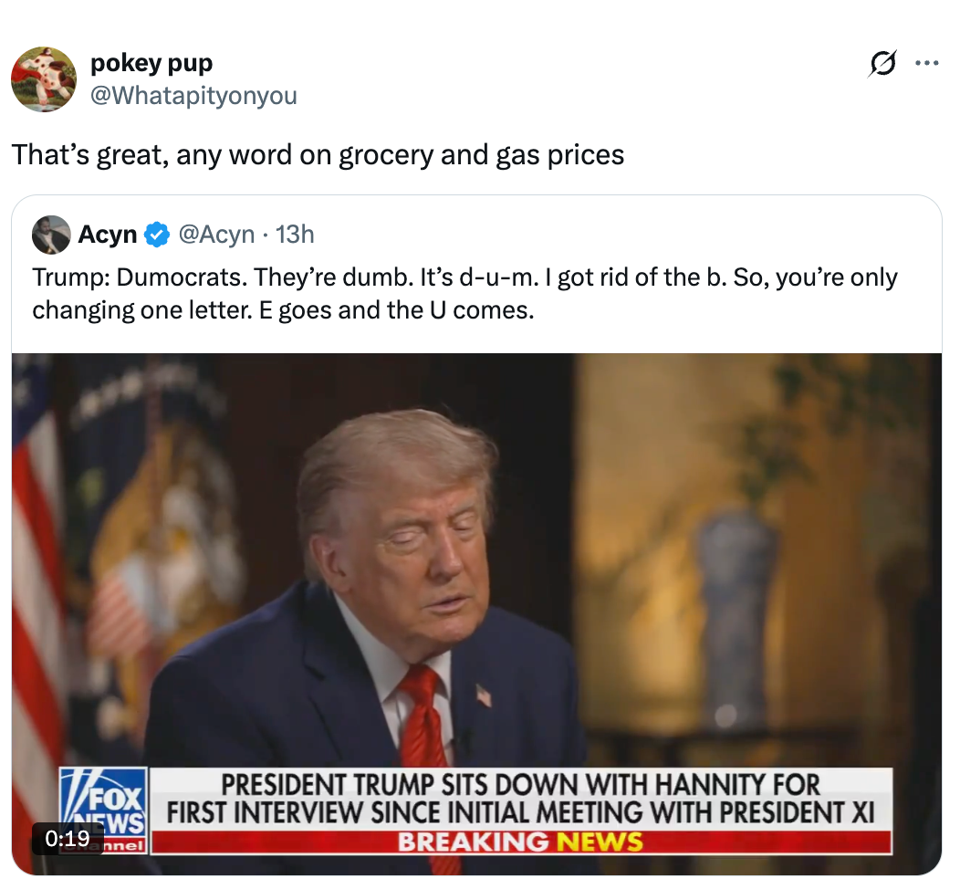A quality    screenshot of an interrogation  with a erstwhile  president   discussing governmental  topics. Subtitles show  a sarcastic speech   astir  governmental  terms