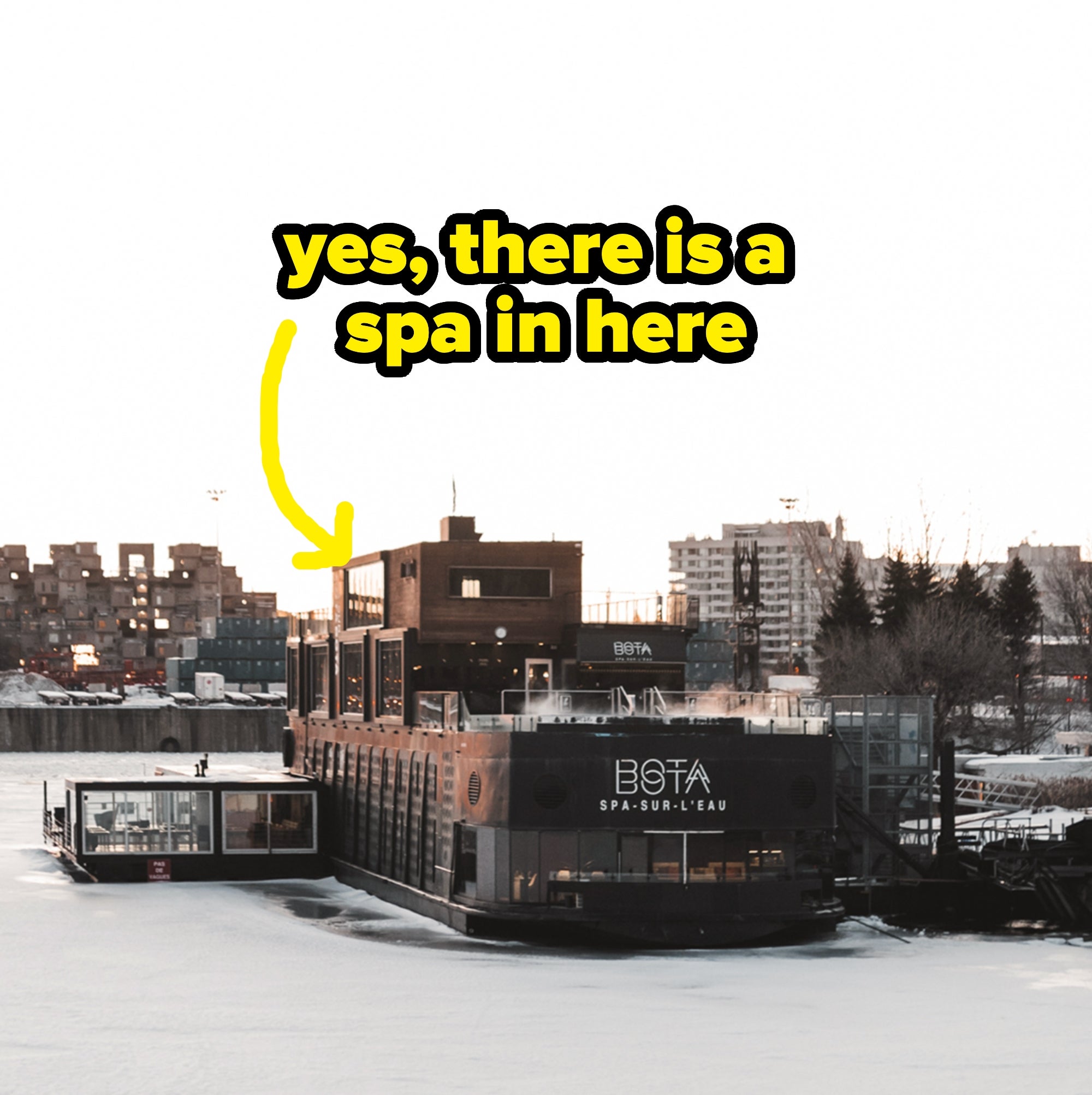 Floating spa connected a calm stream with municipality buildings successful the background, offering a tranquil question retreat