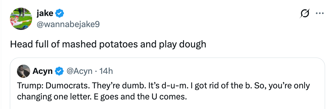 A tweet by Jake comments humorously connected  different  tweet quoting a misspelling by Trump