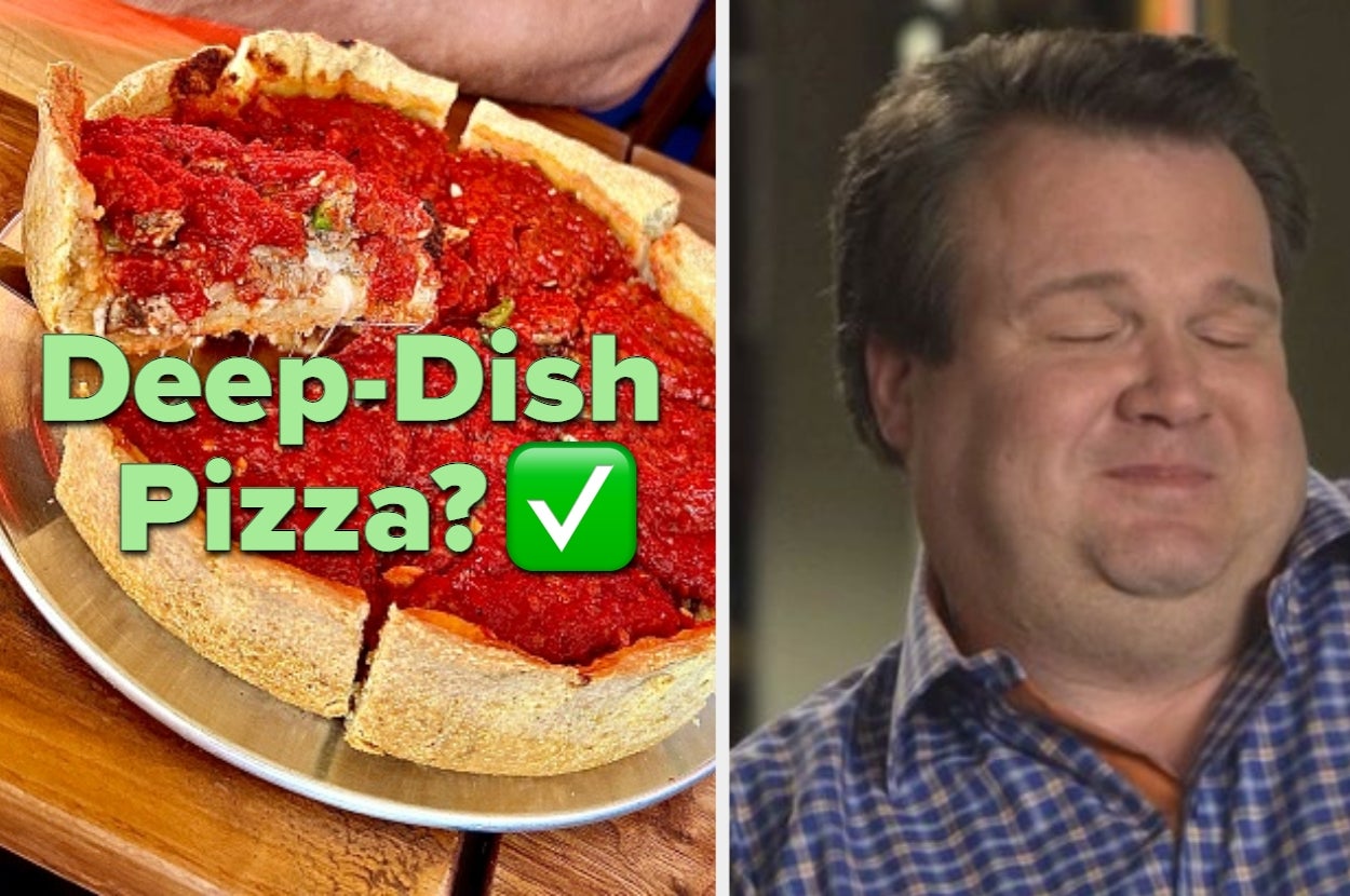 Deep-dish pizza with tomato sauce. A man appears satisfied, eyes closed, suggesting enjoyment or approval of the dish