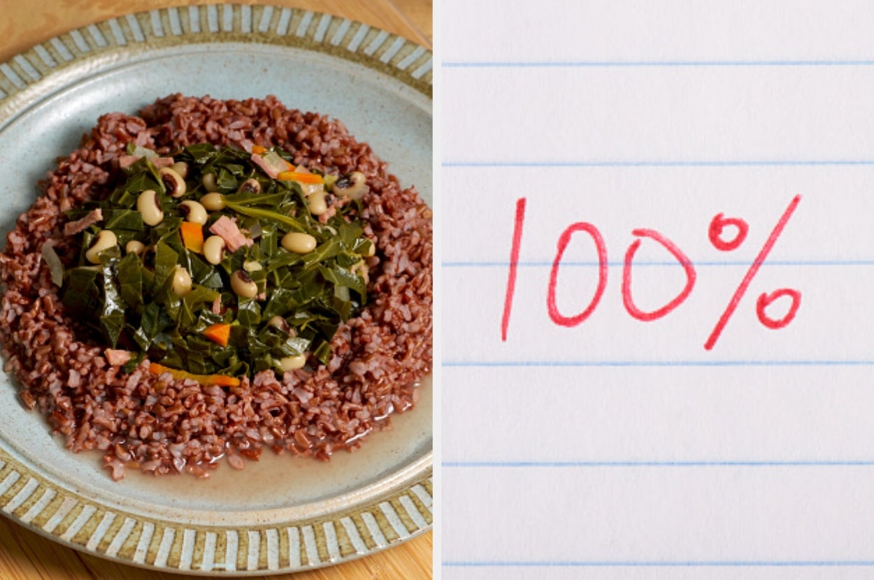 A plate of rice and greens with beans next to a paper with "100%" written in red
