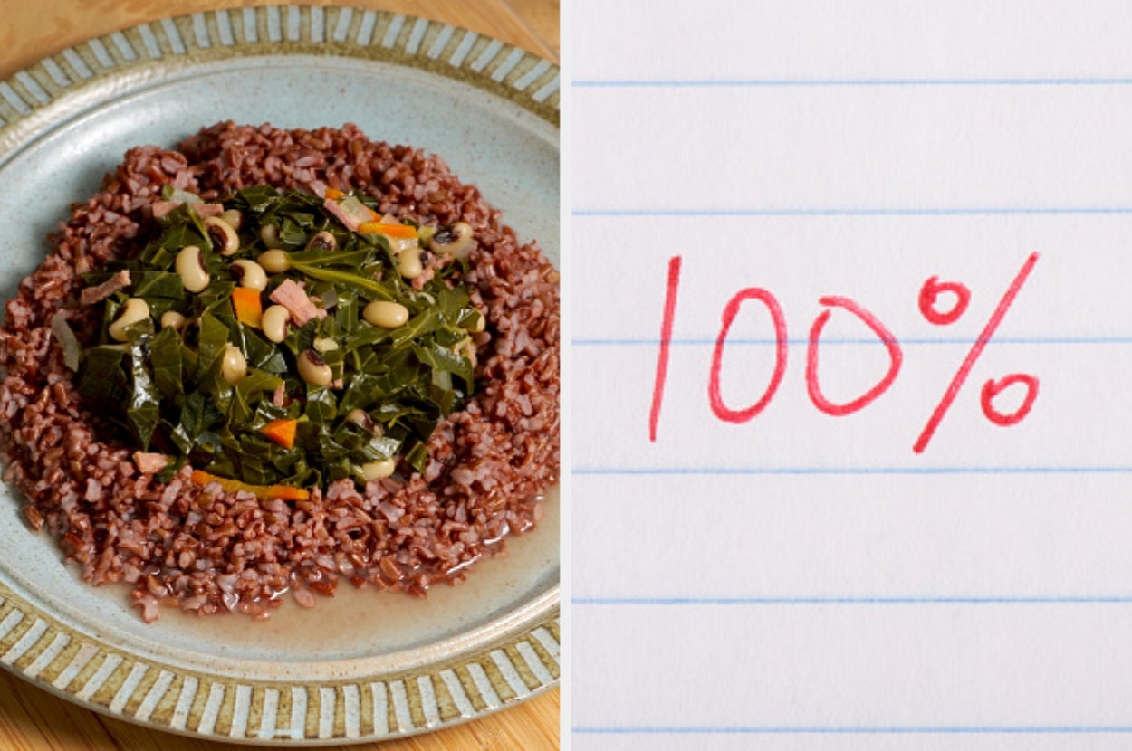 A plate of rice and greens with beans next to a paper with "100%" written in red