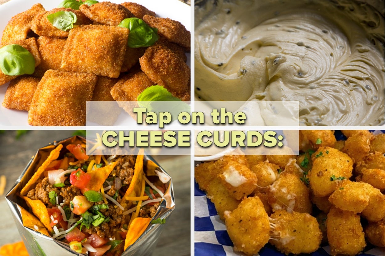 Fried cheese ravioli, cheese dip, loaded tortilla chips, and fried cheese curds with herbs. Text overlay reads: "Tap on the CHEESE CURDS:"