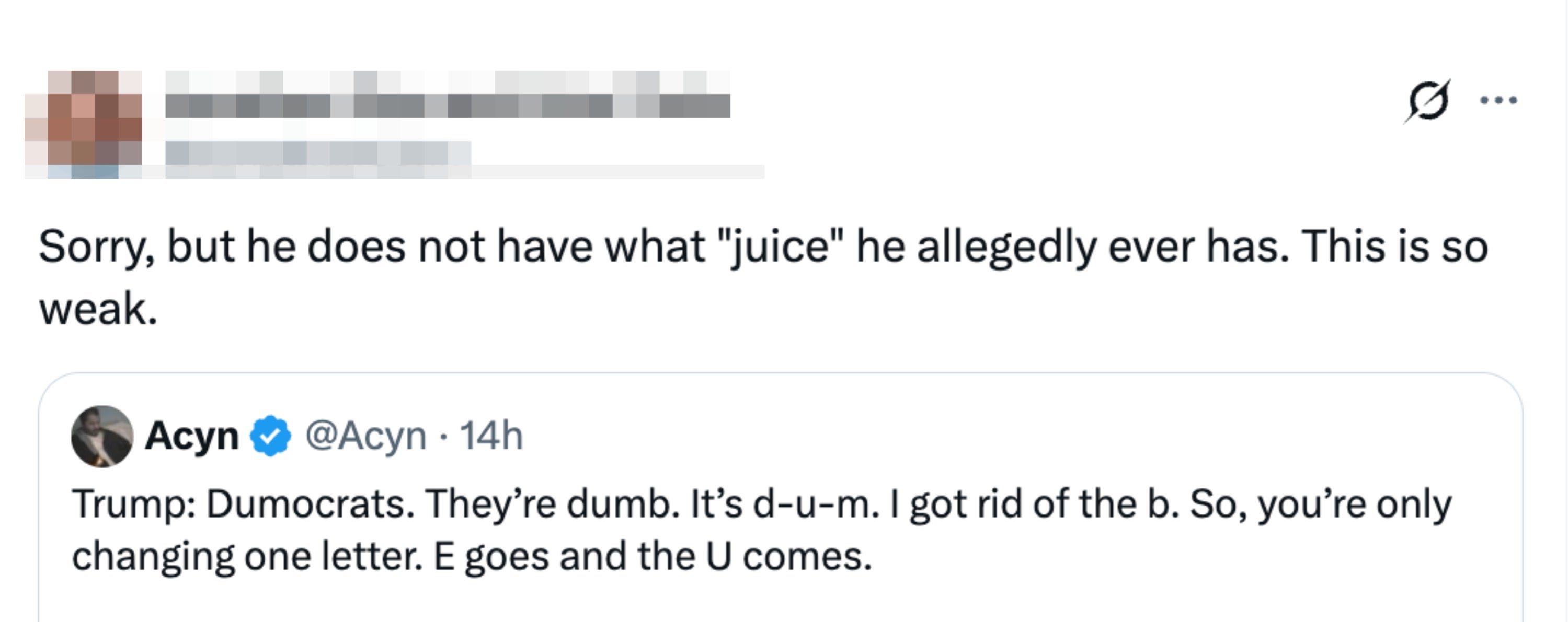 Tweet by Jonathan Cohn reacting to a punctuation  astir  Trump calling Democrats "Dumocrats," saying it lacks substance
