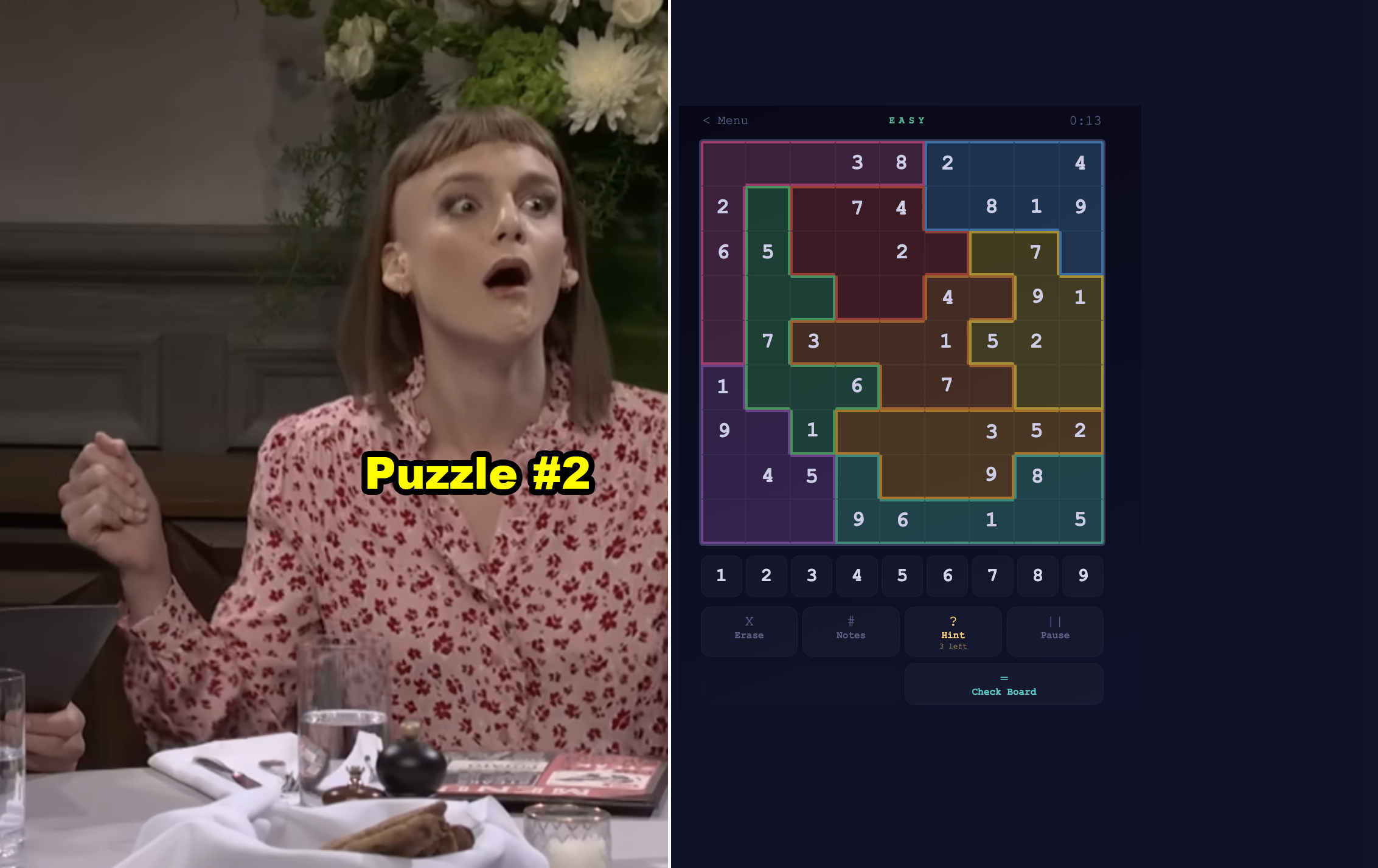 Person appearing surprised at a table, next to a numbered game puzzle labeled "Puzzle #2" on a digital interface
