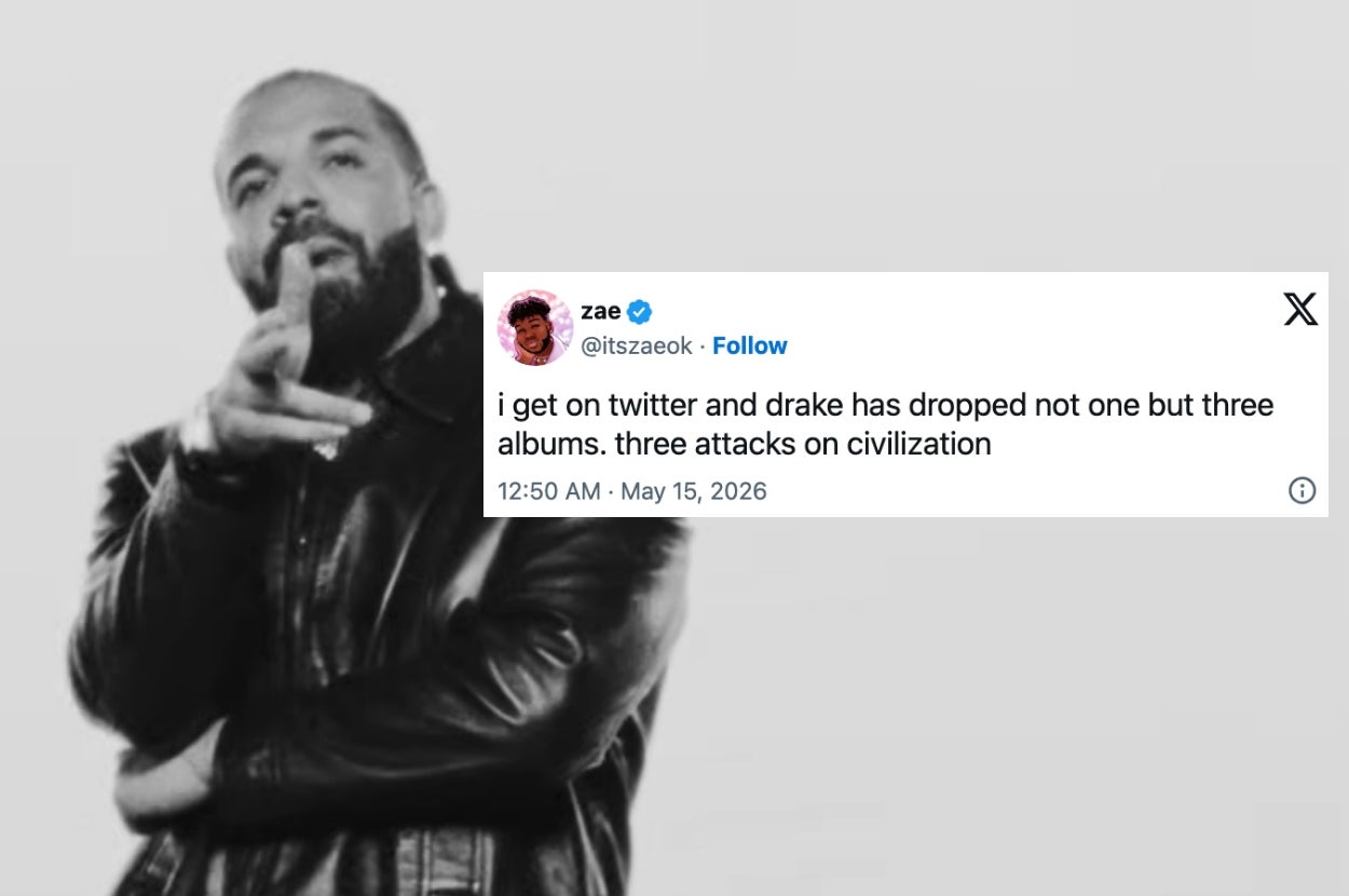 A person in a leather jacket points while a tweet jokes about three surprise album drops by Drake being "three attacks on civilization."