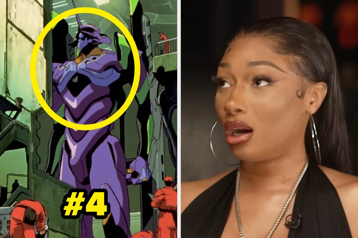 Split image of an anime robot and a surprised person in a TV interview