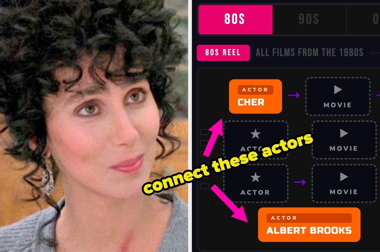 Image of a game interface challenging players to connect actor Cher to actor Albert Brooks through movies