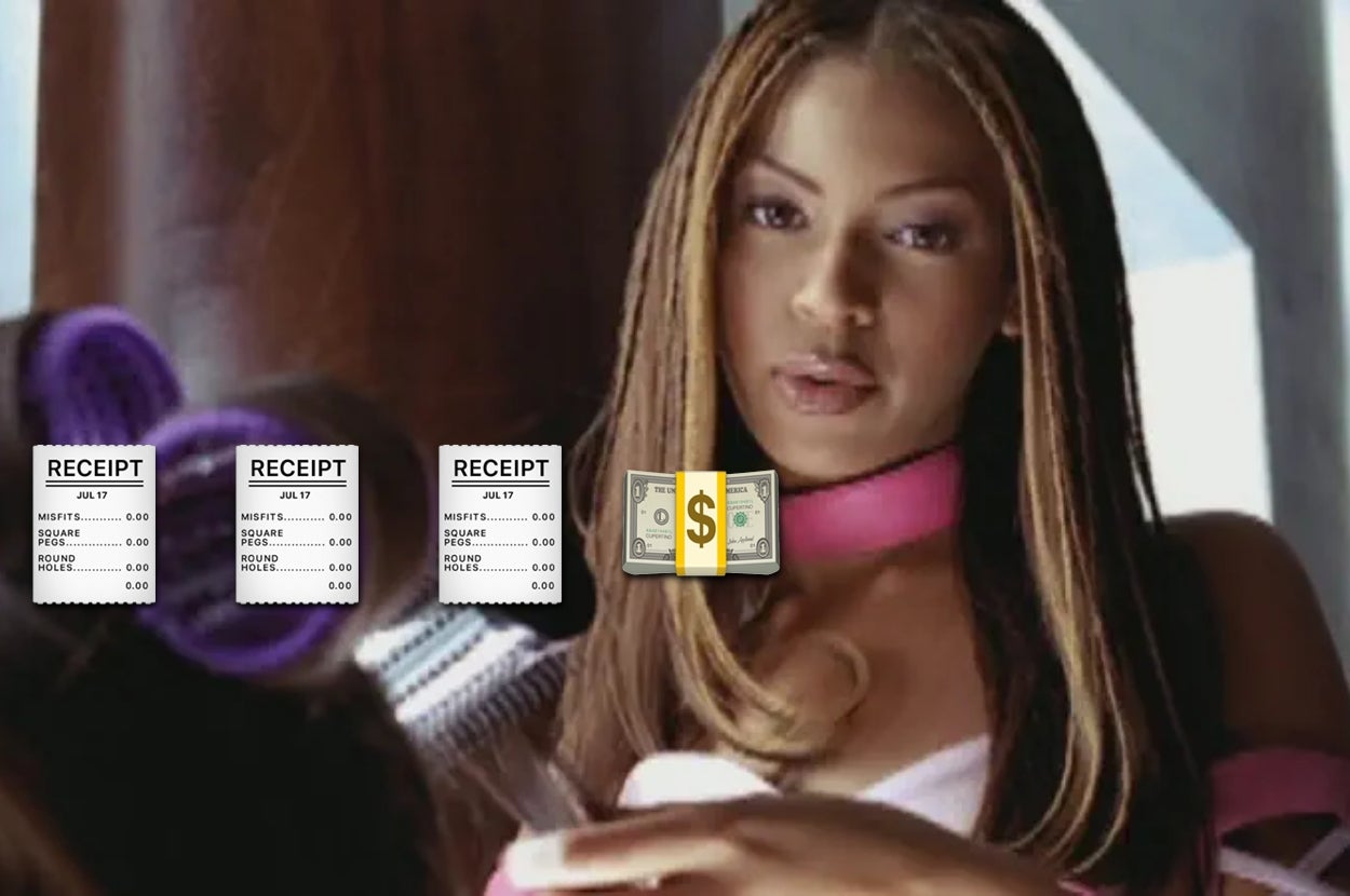 A woman in a music video scene, holding a hairdryer. Superimposed icons of receipts and money suggest a theme of financial transactions