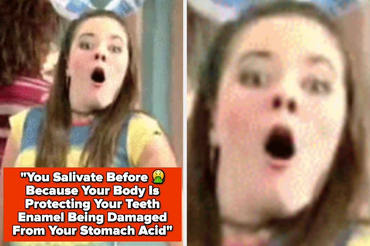 A surprised woman with an open mouth is shown next to text explaining salivation as a protective response for teeth against stomach acid