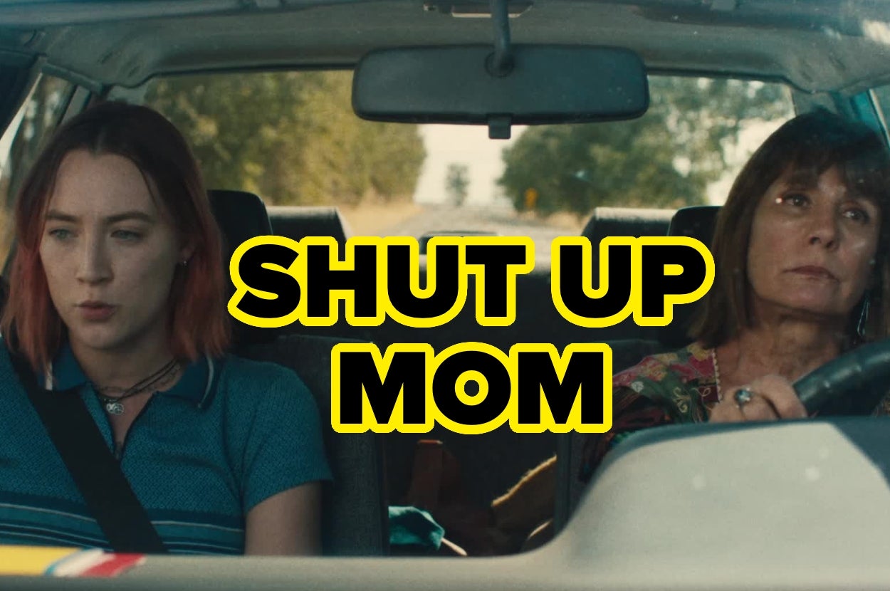 Scene from a movie with two characters sitting in a car. One looks frustrated, and bold text reads "SHUT UP MOM."