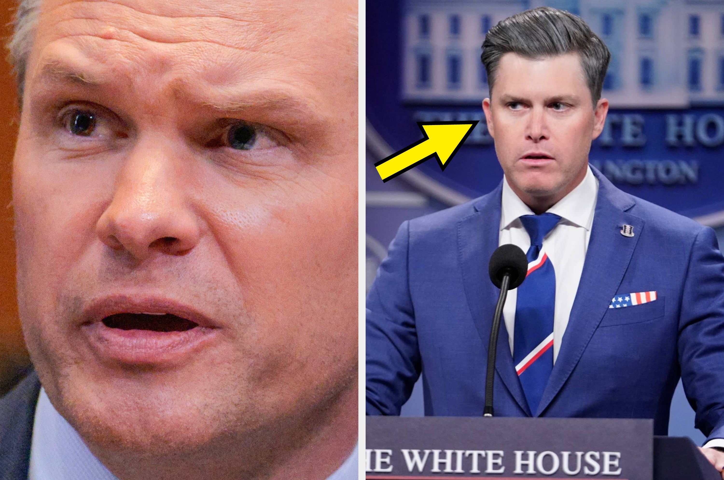 Close-up of a person on the left and another person in a suit at a White House-themed podium on the right