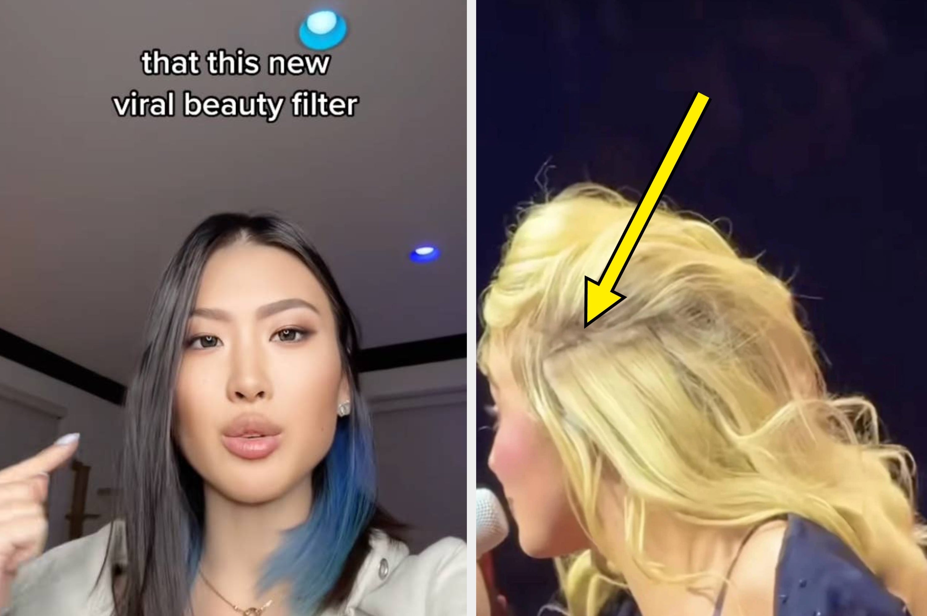 Split image: Left, person discusses beauty filters; right, close-up of a celebrity's hair extensions noted by an arrow. Text highlights beauty trends
