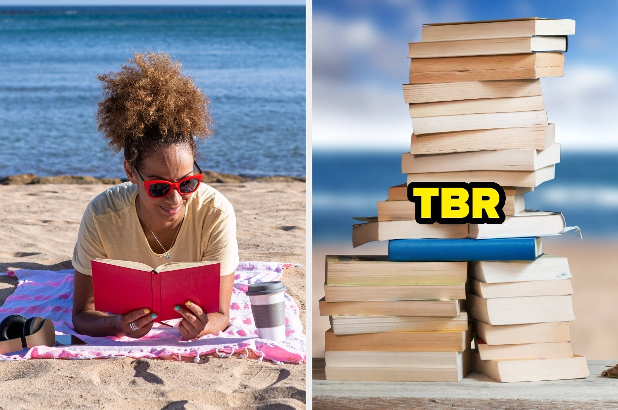 Person reading on a beach next to a tall stack of books labeled "TBR" (To Be Read)