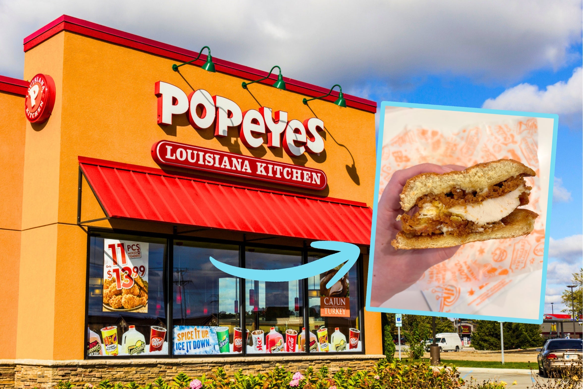 Popeyes restaurant with a close-up of a hand holding a chicken sandwich, featured for a Tasty article