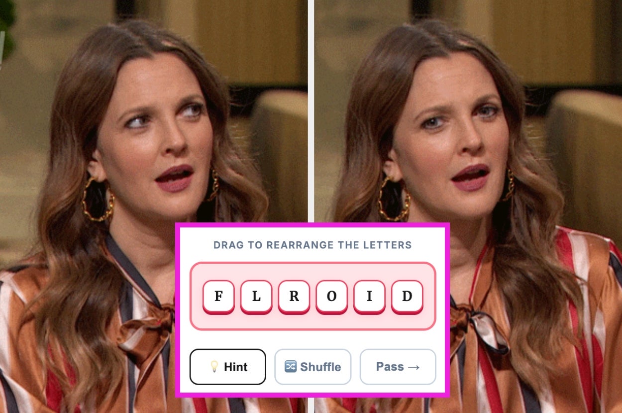 A woman in a stylish blouse looks intrigued. Below, a word scramble game interface features the letters "FLROID" to rearrange
