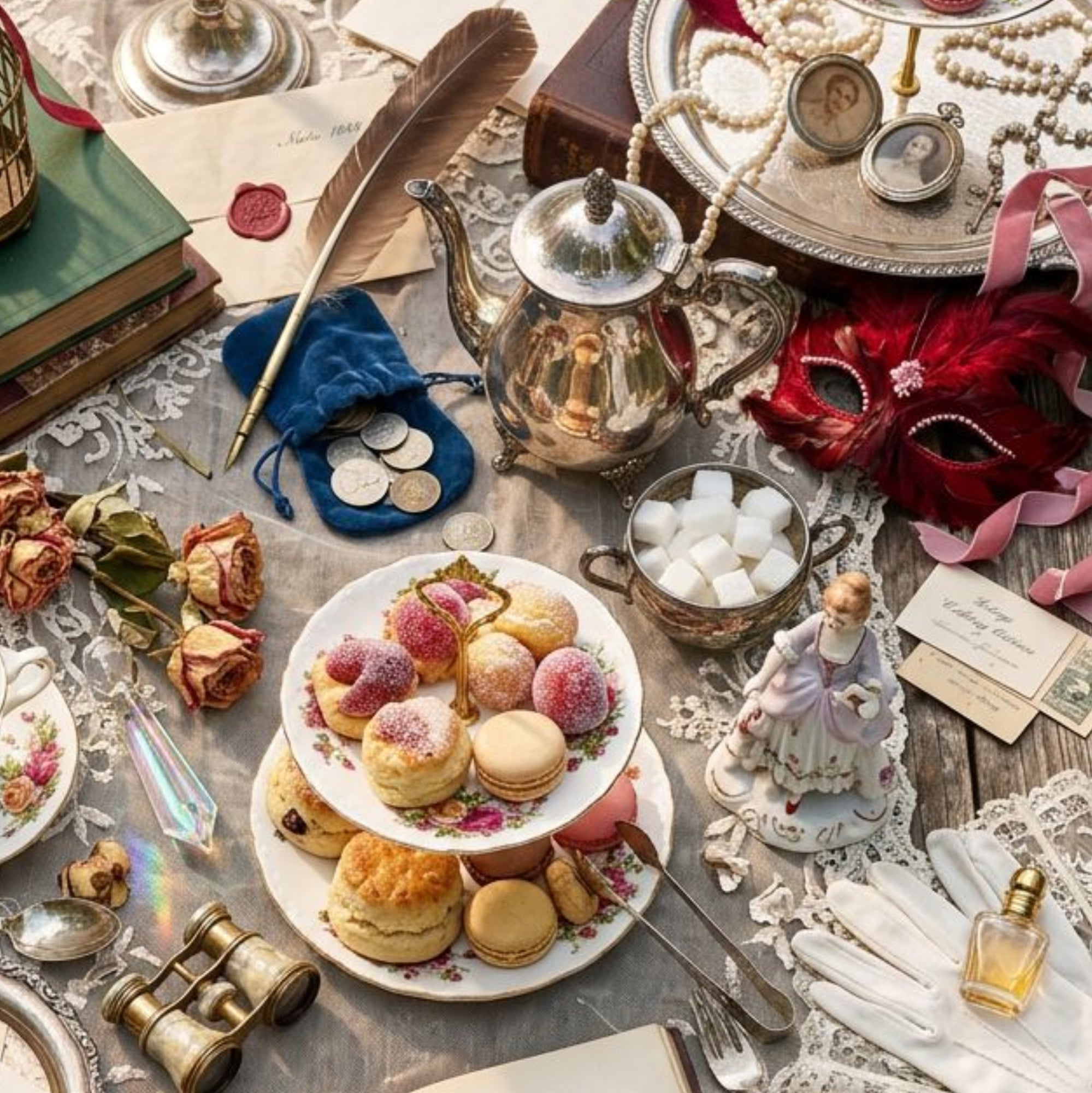 Elegant tea party setup with books, masquerade masks, pastries, tea, and an open book on a lace-covered table outdoors