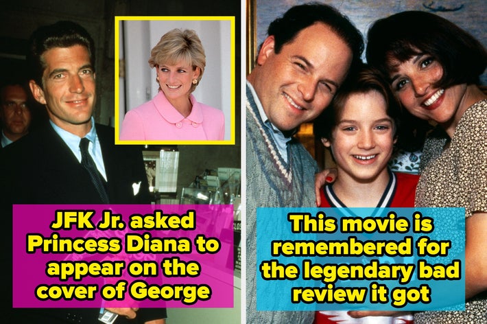 Split image: Left shows JFK Jr. with Princess Diana inset. Right shows "family" pose from infamous film known for poor reviews