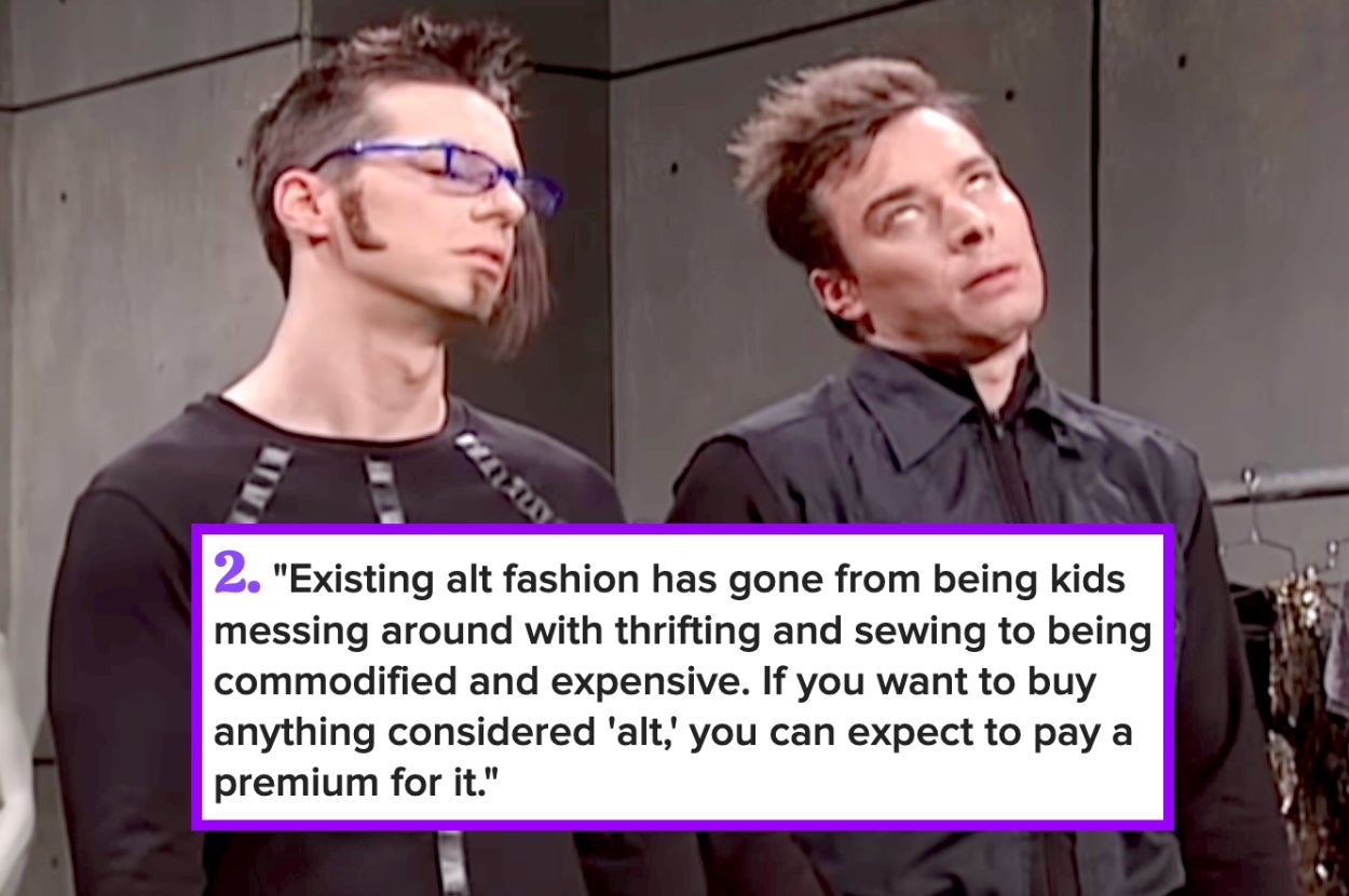Two people in alternative fashion stand near racks of clothes. Caption discusses the commercialization of alternative fashion