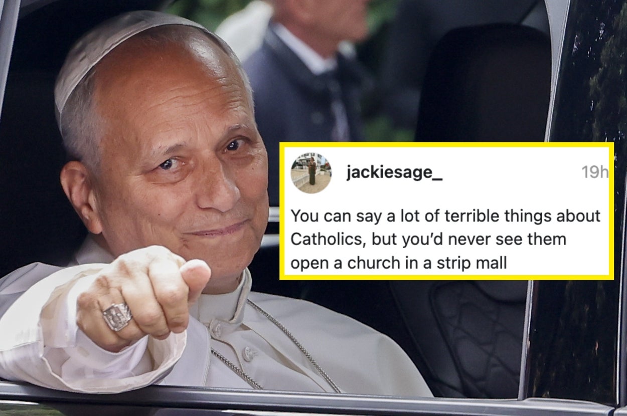 A person dressed as clergy giving a thumbs-up next to text humorously discussing churches and strip malls