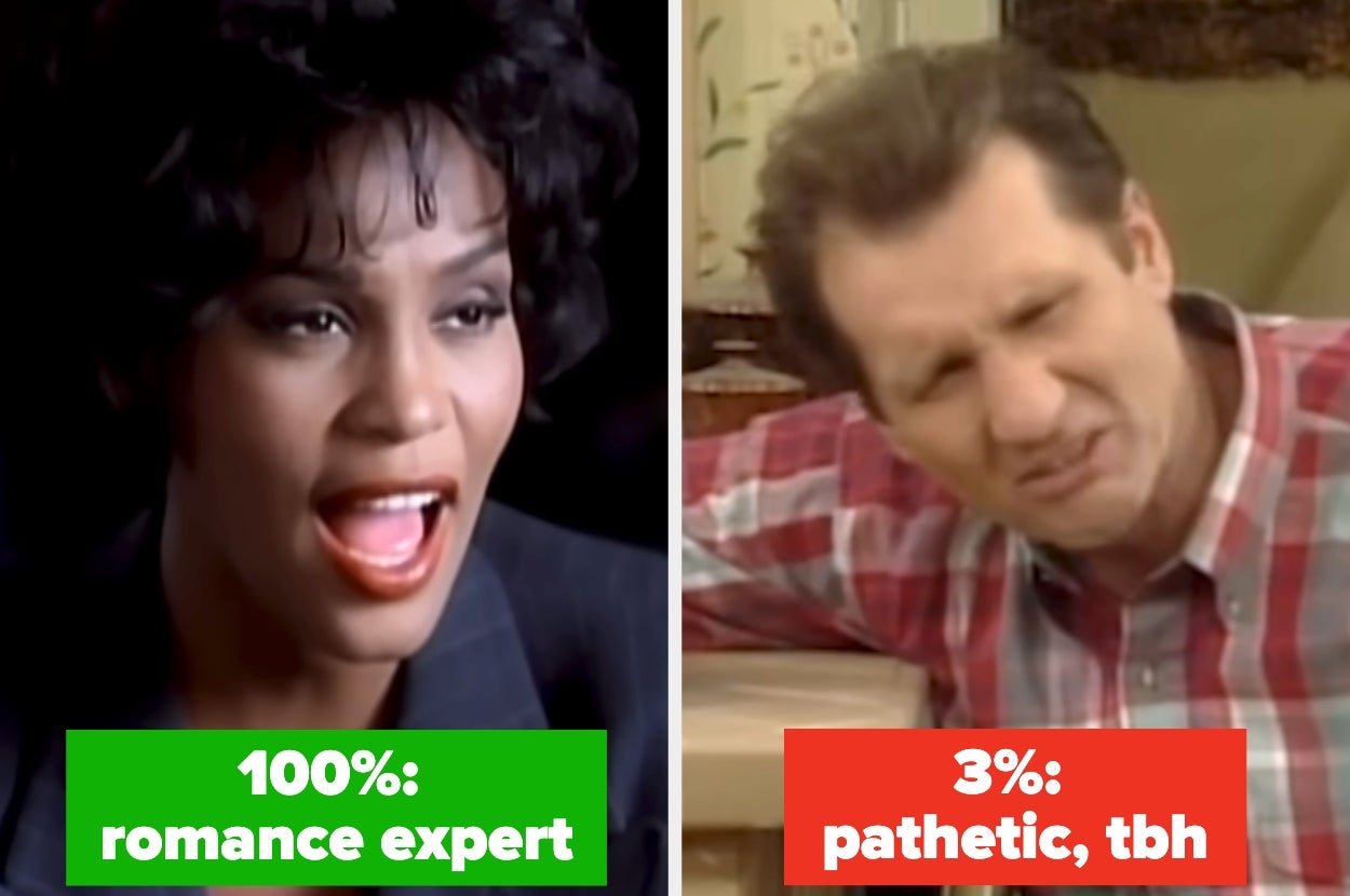 Two images: Left, person singing labeled "100%: romance expert". Right, person grimacing labeled "3%: pathetic, tbh"