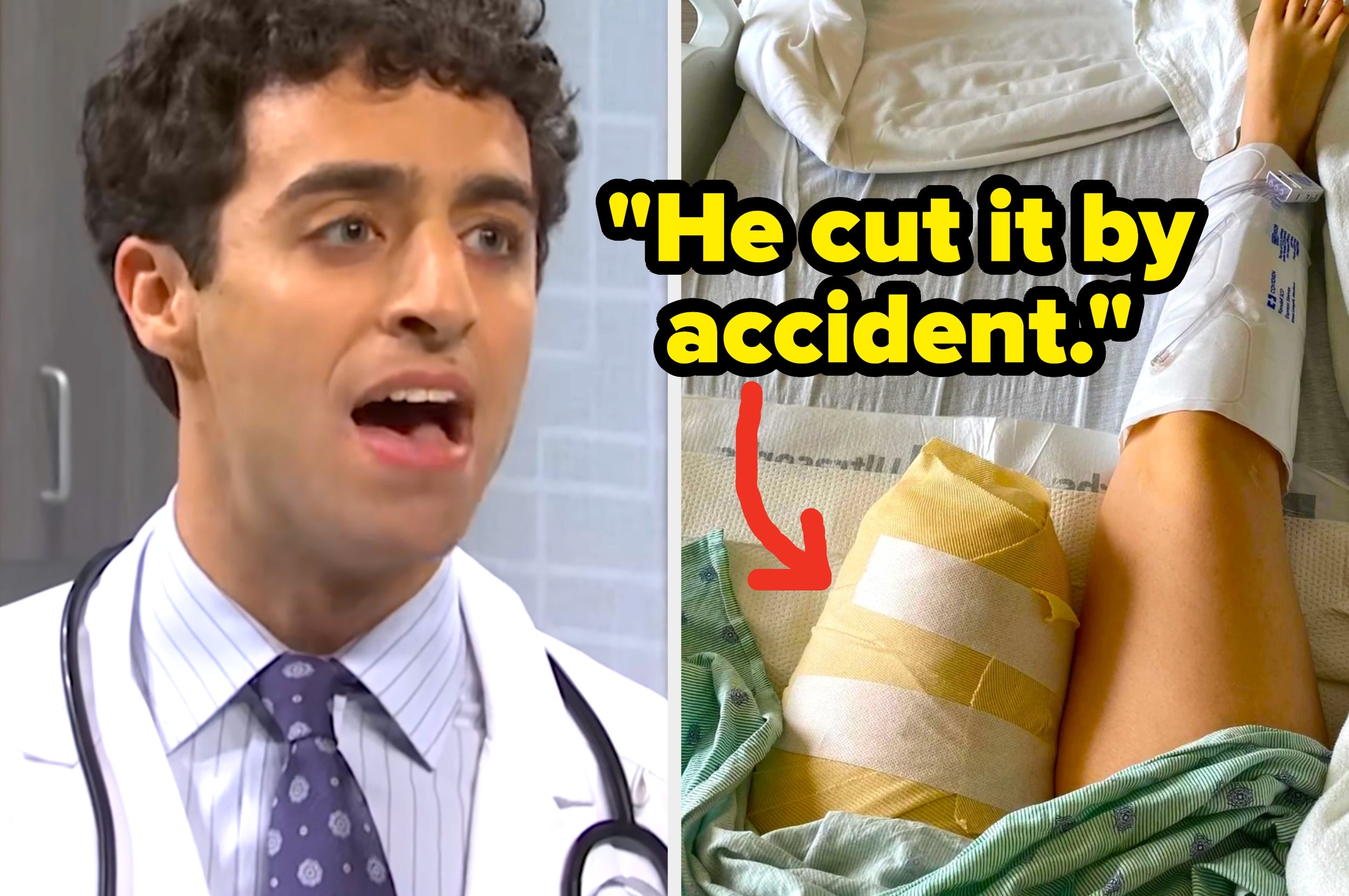A doctor speaking, with an image of a leg wrapped in bandages beside him. Text suggests a cut was accidental
