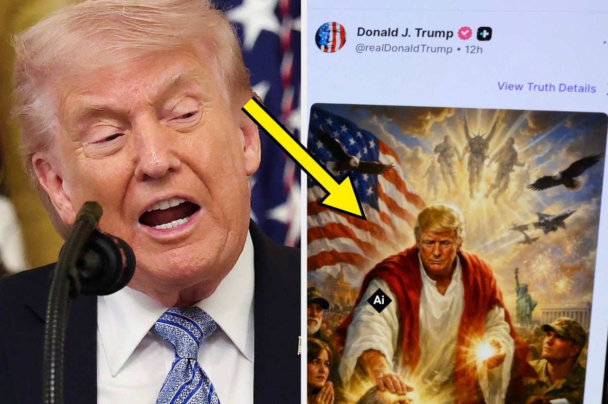 Person at an event beside an image depicting them in a heroic, artistic style with an American flag backdrop