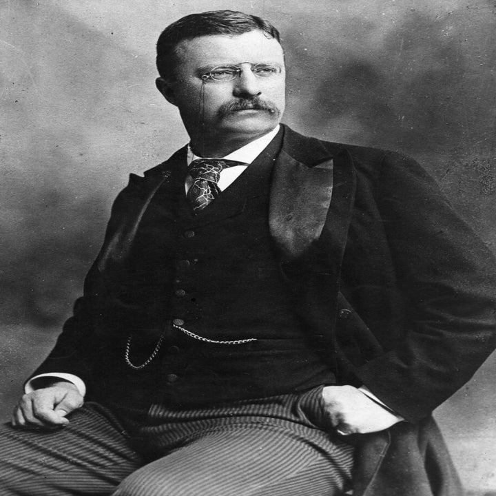 Person in vintage formal attire with glasses and mustache, seated, with one hand in pocket, in a classic portrait style