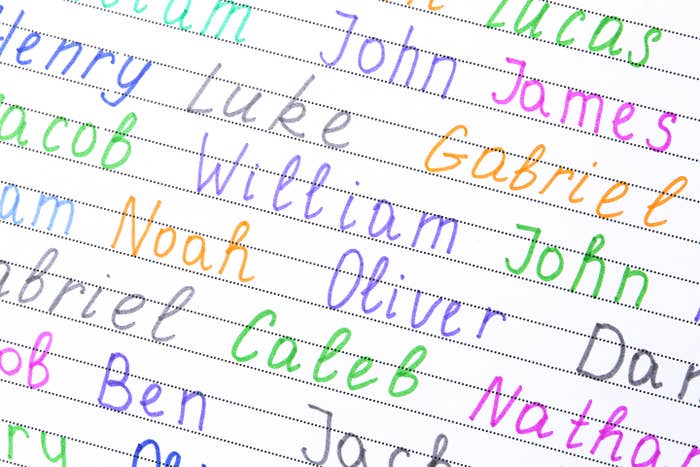 Cursive names including John, Lucas, Henry, and Gabriel are written connected  lined insubstantial  successful  assorted  colors