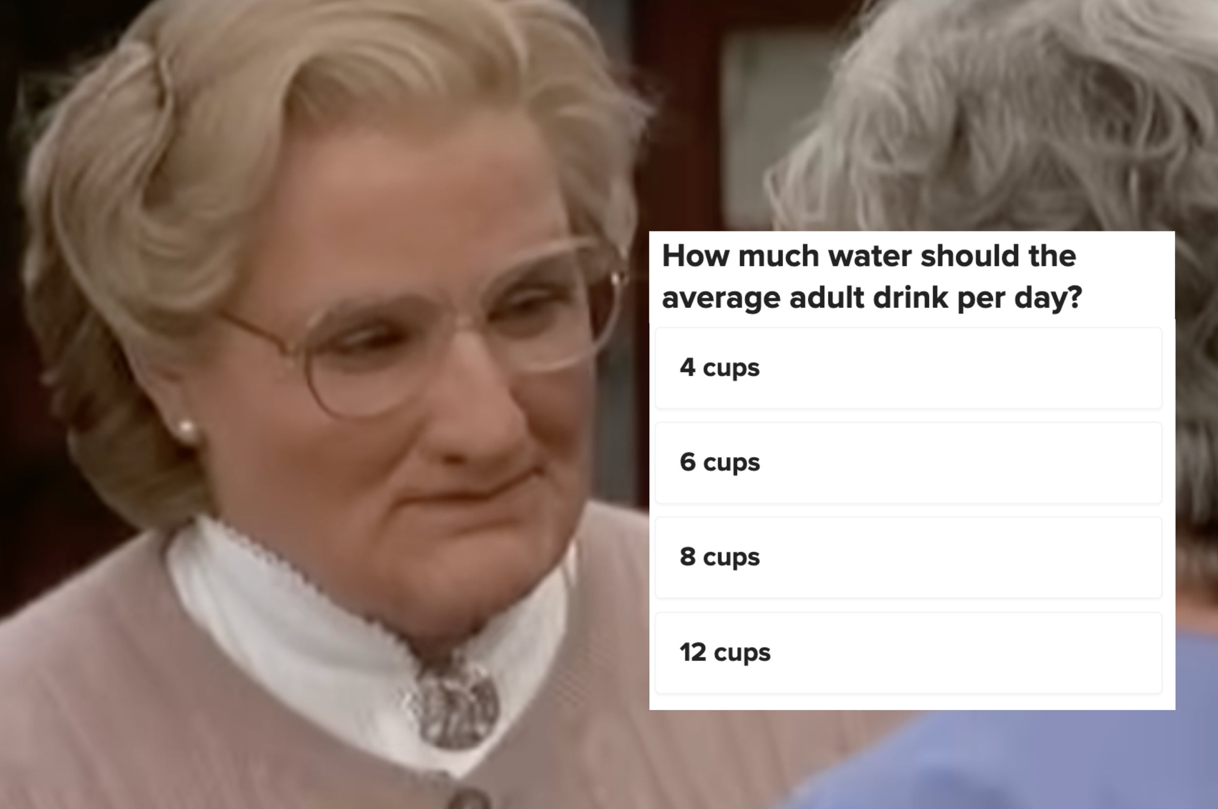 A person with glasses dressed in a cardigan appears next to a quiz asking about daily water intake, with options ranging from 4 to 12 cups