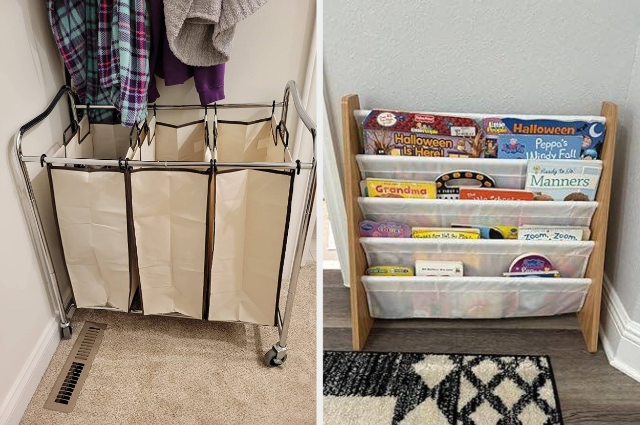 Laundry hamper with sections and a standing organizer holding children's books, including Halloween-themed titles