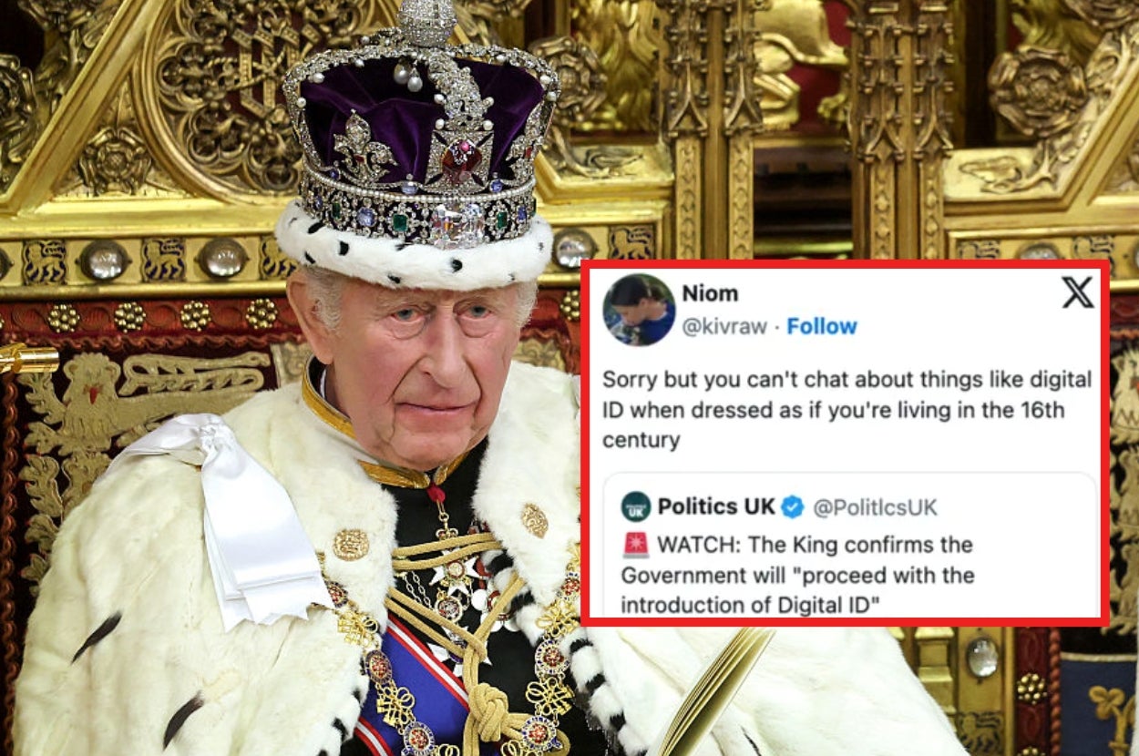 A person in regal attire with a tweet overlay about digital ID, humorously noting the contrast with their historical-style clothing