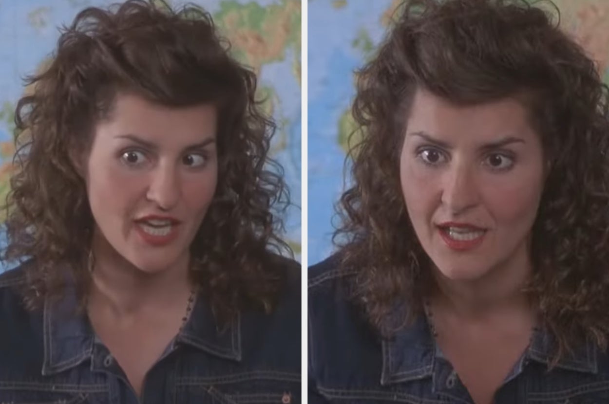 Two similar images of a woman with curly hair in a denim jacket, speaking in a professional setting