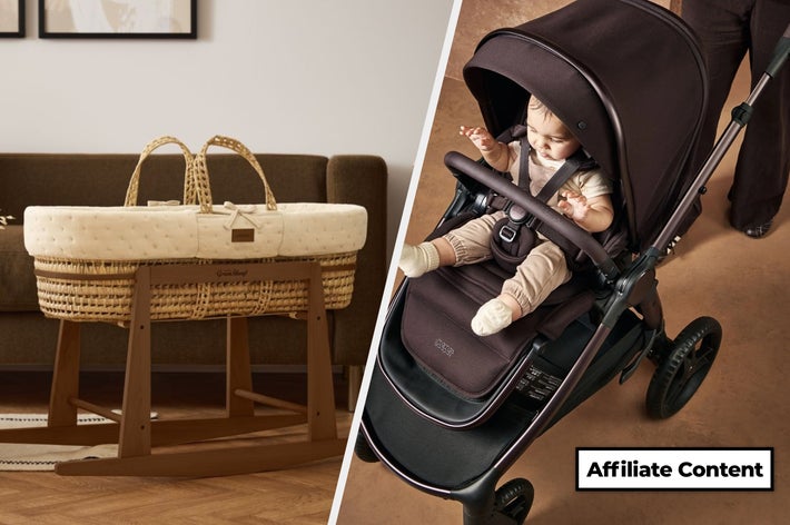 A baby in a stroller and an empty bassinet are side by side, showcasing options for infants