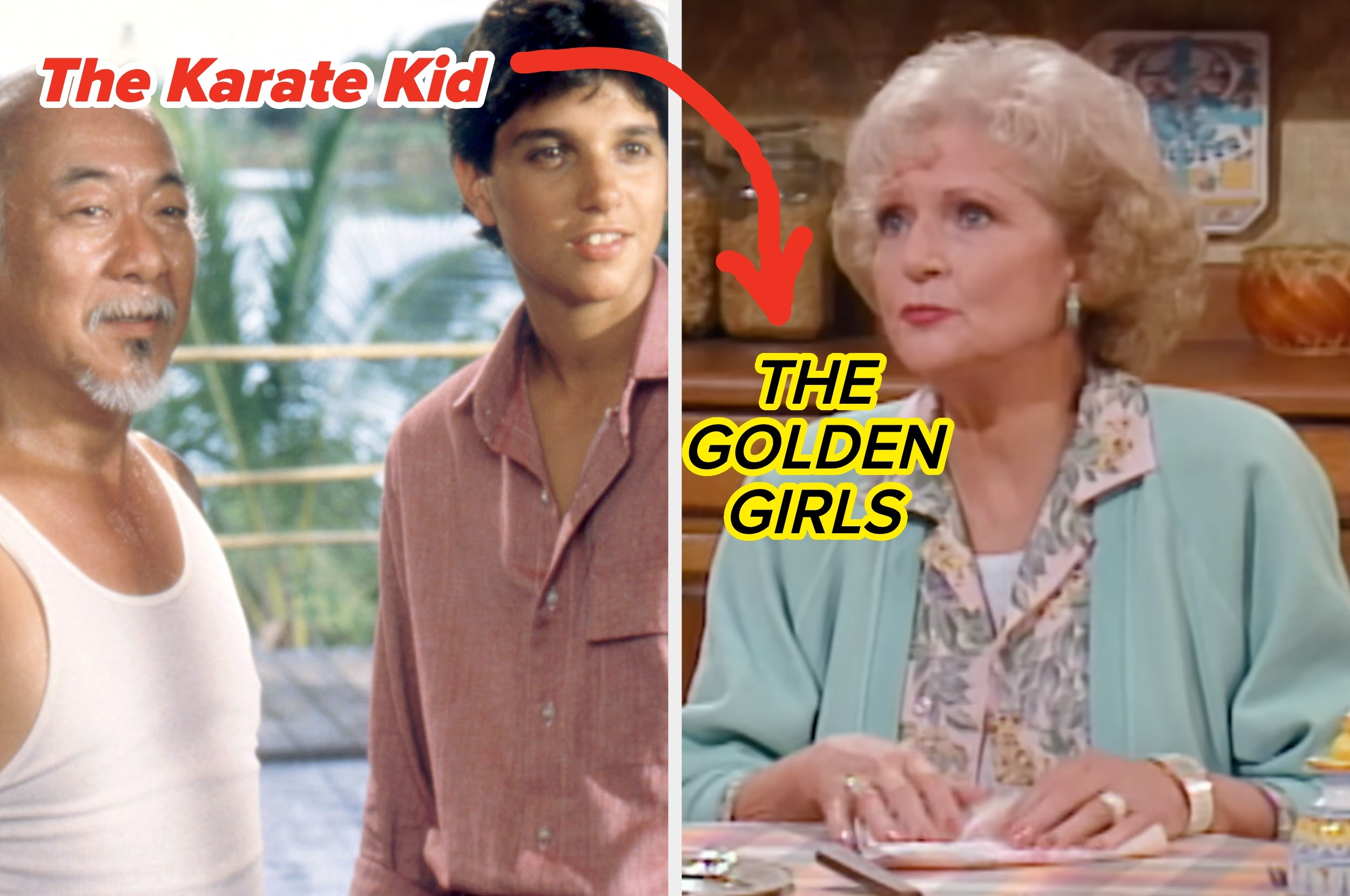 Split image: Left shows two characters from "The Karate Kid." Right features a character from "The Golden Girls" at a kitchen table