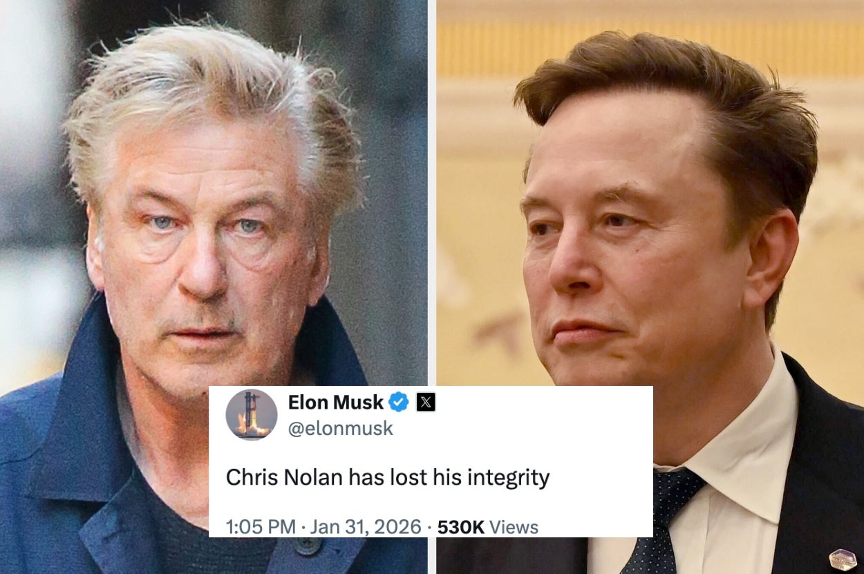 Two side-by-side images: one of a man in casual wear, the other in a suit. A tweet below reads: "Chris Nolan has lost his integrity."