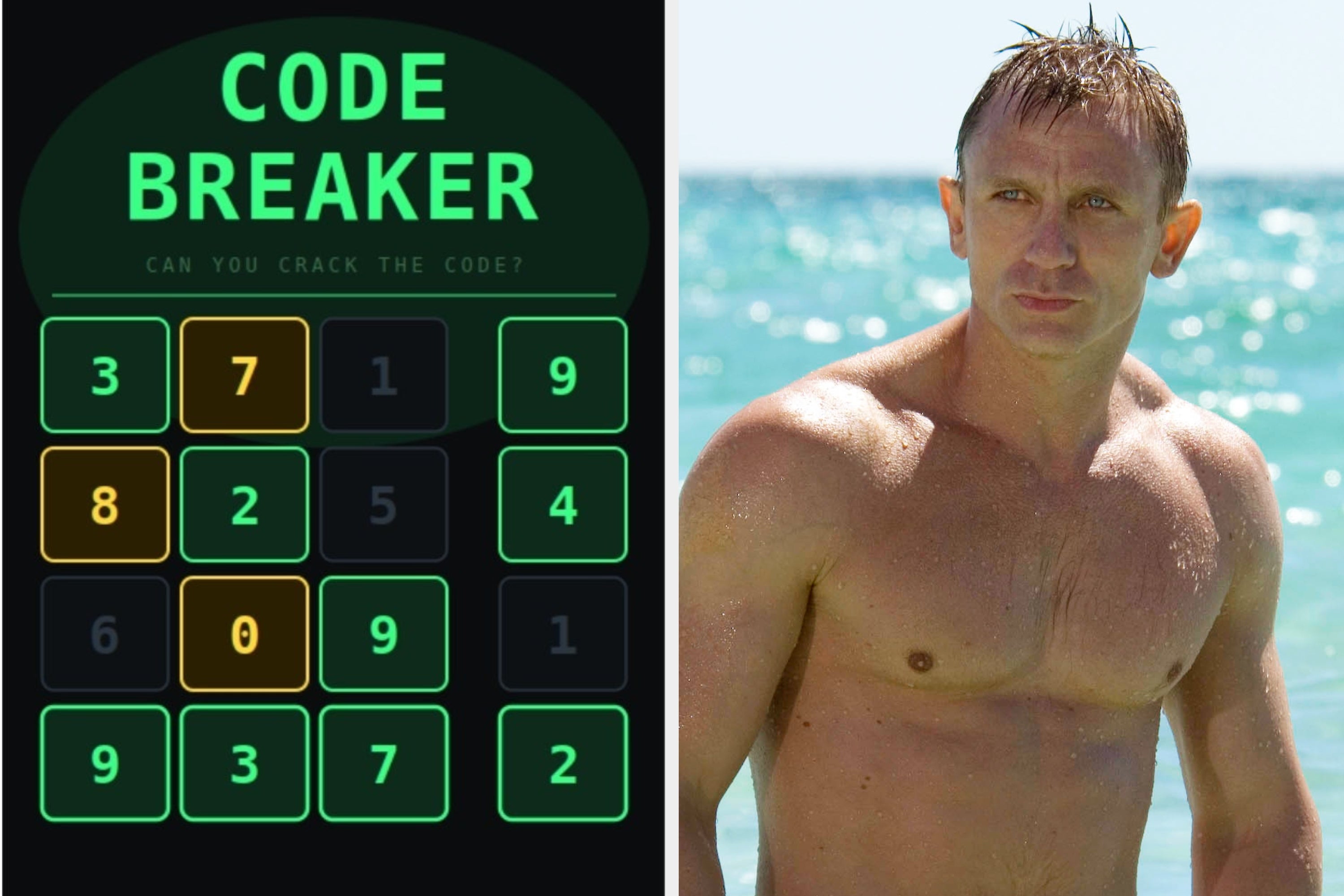 Left: Code breaker puzzle with numbers. Right: Black-and-white photo of a man playfully sticking out his tongue