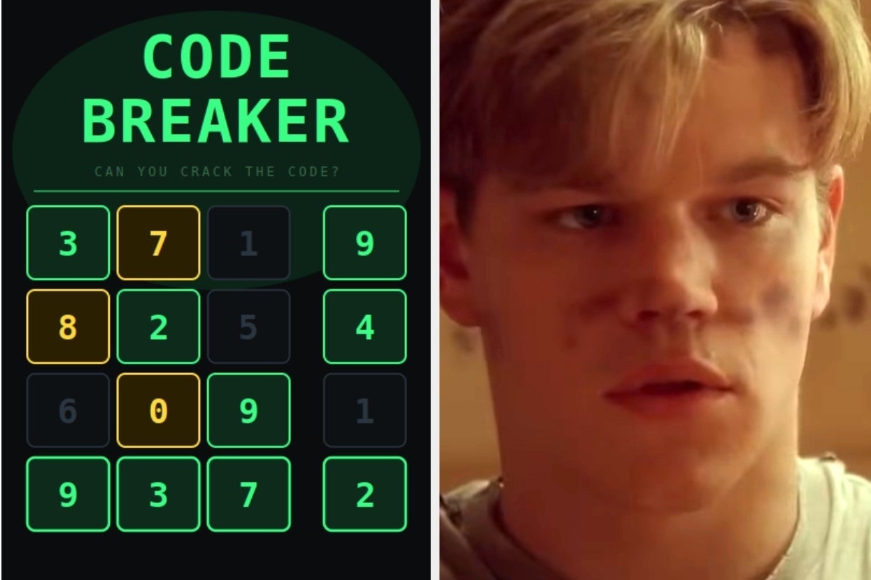 Game screen titled "Code Breaker" with a numeric grid beside a scene from a movie featuring an actor's expression