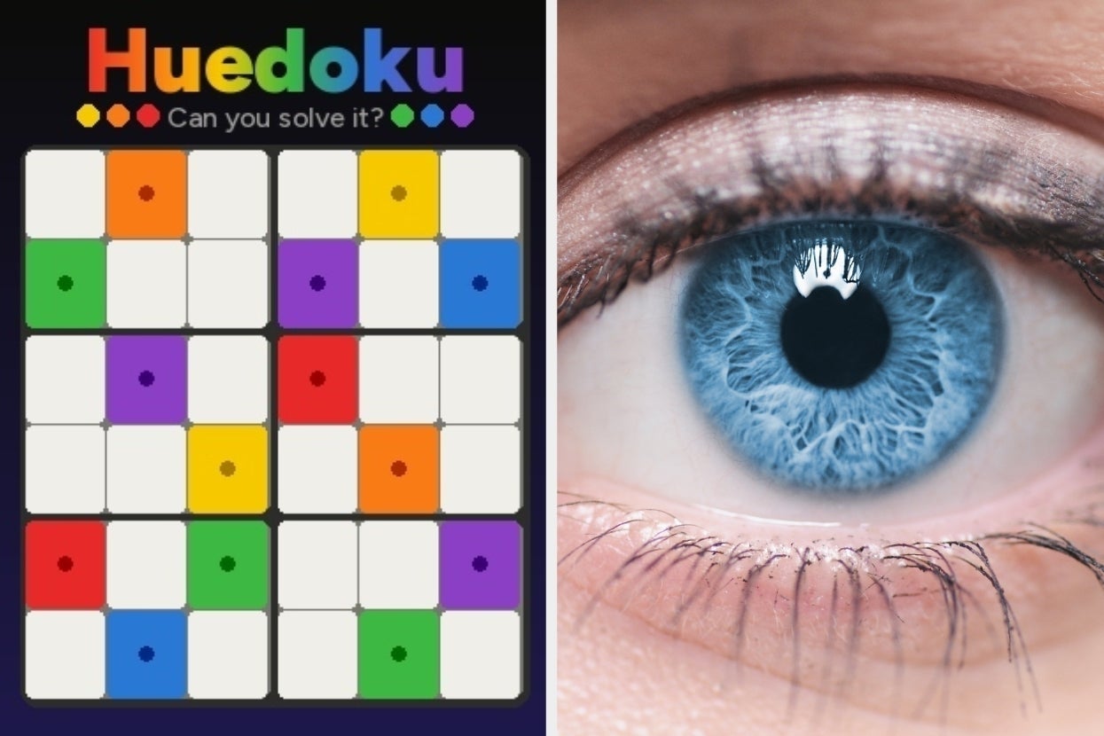 Puzzle game titled "Huedoku" on left, eye close-up on right