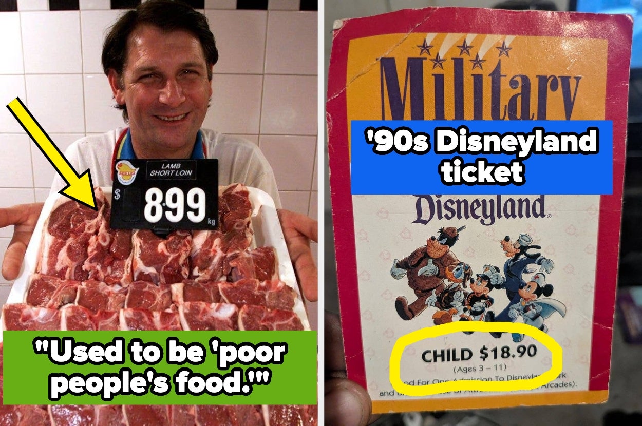 Left: Butcher with lamb chops priced at $8.99. Right: '90s Disneyland child ticket priced at $18.90