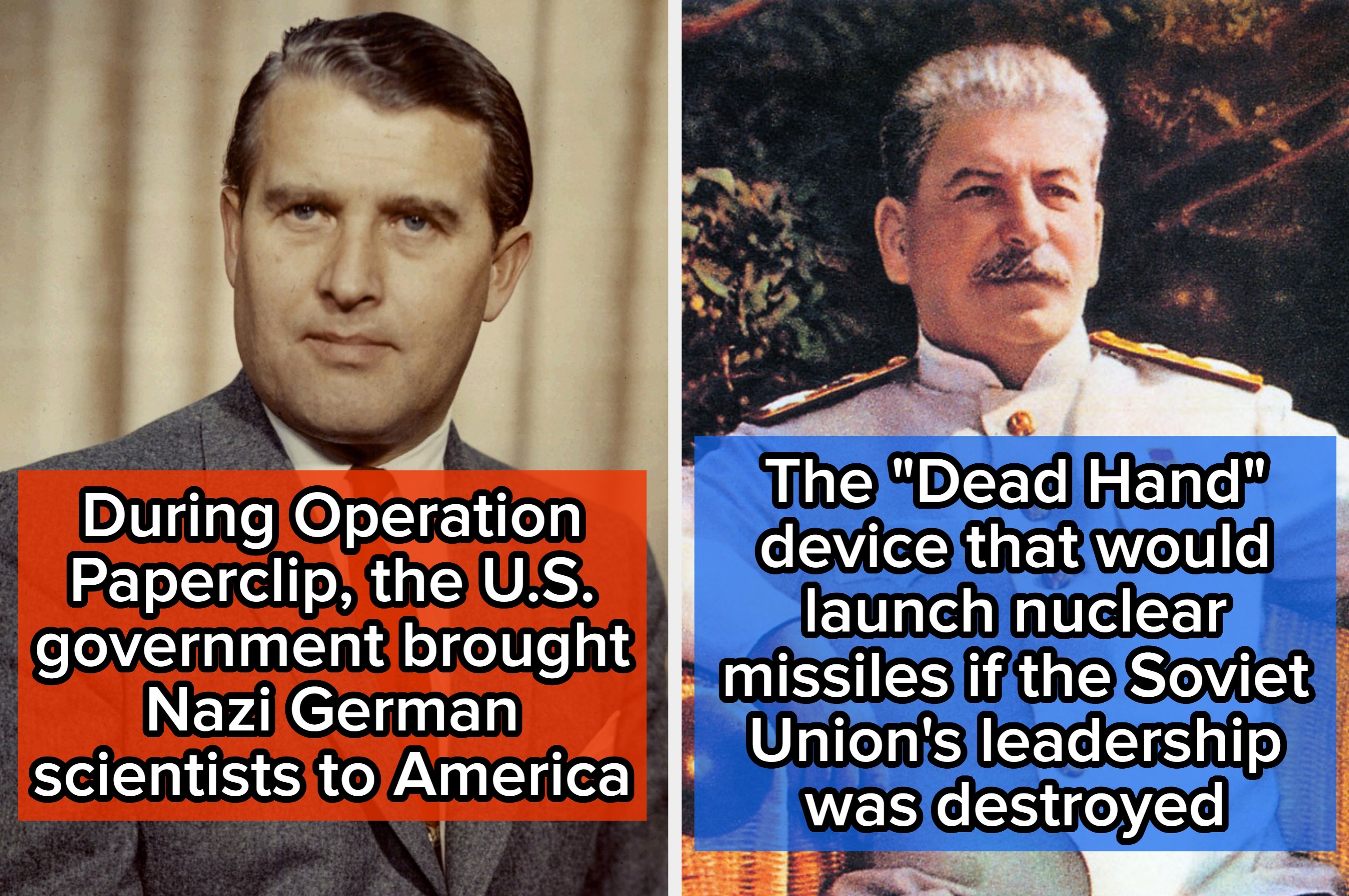 Split image; left: man in suit by blackboard labeled "Operation Paperclip", right: historical figure seated titled "Soviet Russia's 'Dead Hand' doomsday device"