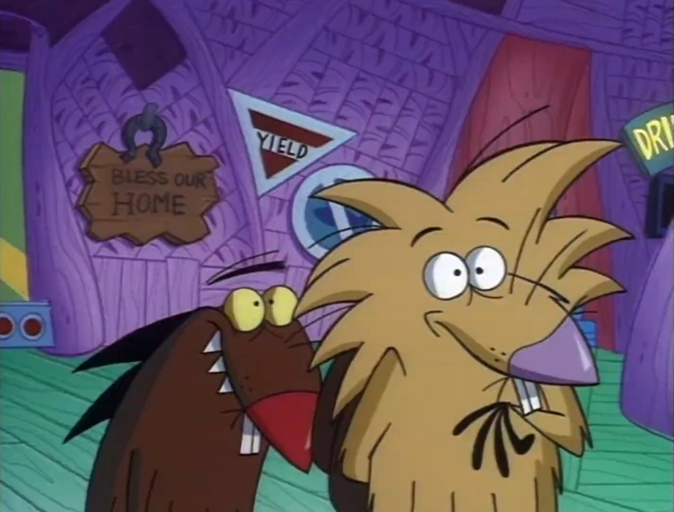 Two cartoon beavers basal wrong a quirky country with signs similar "Bless Our Home" and "Yield" connected the wall