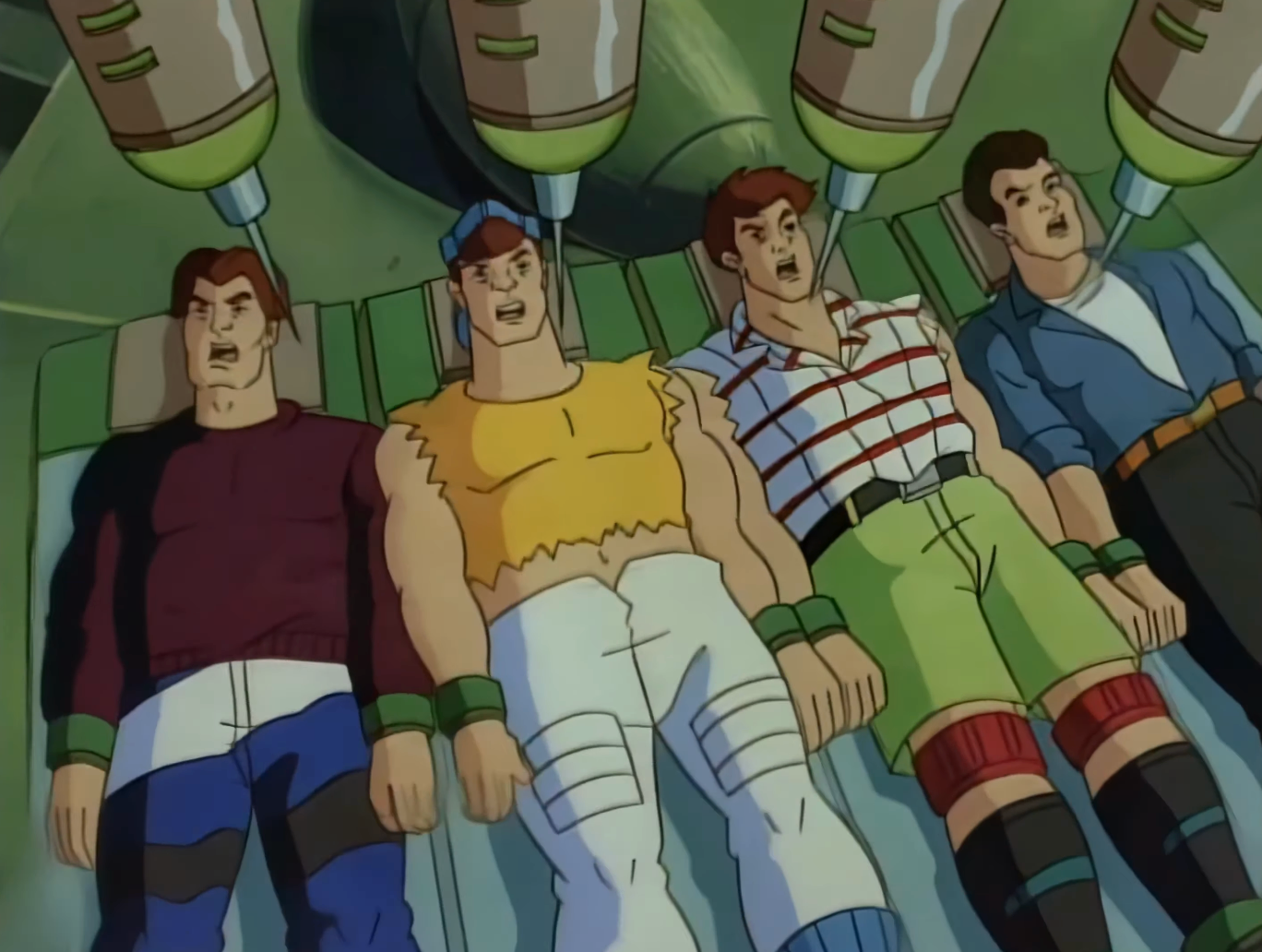 Four animated characters prevarication connected tables with restraints. They look to beryllium successful a futuristic oregon sci-fi mounting with machinery overhead