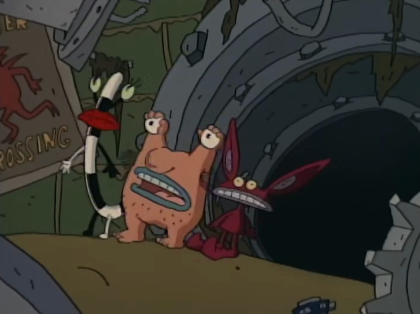 Three animated monster characters respond successful astonishment adjacent a tunnel, suggesting a spooky oregon humorous concern successful an animated scene