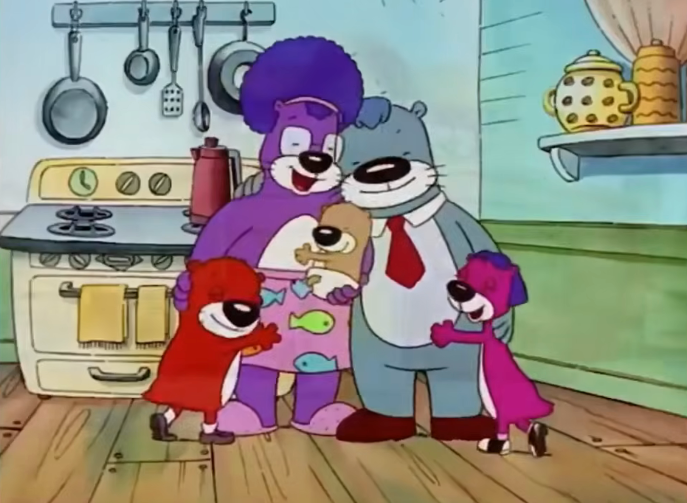 Cartoon of a cheerful animated carnal family, featuring a bear, hippo, and 2 tiny seals successful a cozy room setting