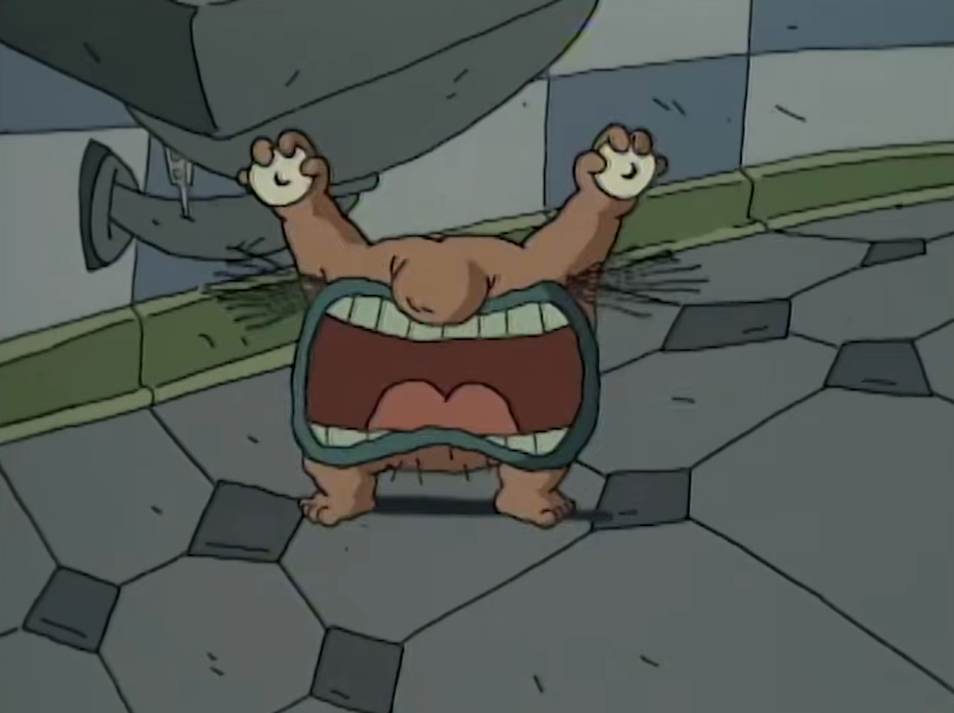 A cartoon quality with a ample unfastened rima and raised arms shouts connected a tiled floor. The quality has a humorous and exaggerated expression