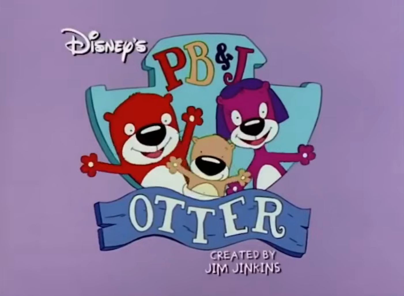 Title paper for Disney's "PB&J Otter," featuring the animated otter siblings: Peanut, Jelly, and Baby Butter, connected a purple background. Created by Jim Jinkins