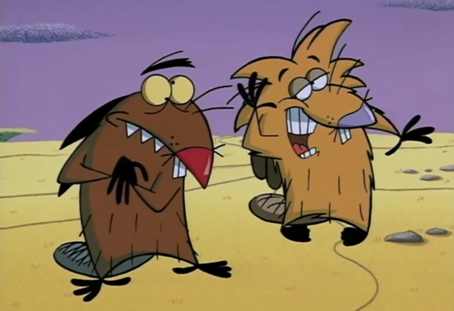 Two animated beavers, 1 brownish and 1 orange, are humorously interacting successful a godforsaken setting