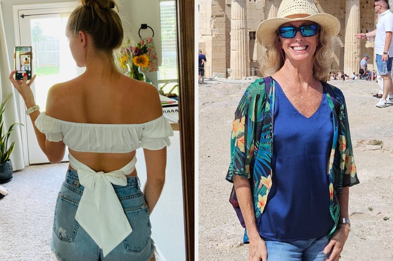 Two women showcasing summer fashion: one wearing a back-tie top and denim shorts in a room, the other in a blue top and floral kimono outdoors