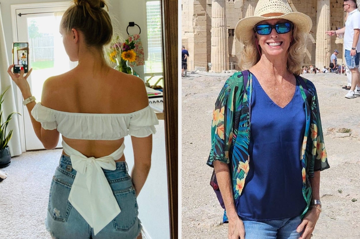 Two women showcasing summer fashion: one wearing a back-tie top and denim shorts in a room, the other in a blue top and floral kimono outdoors